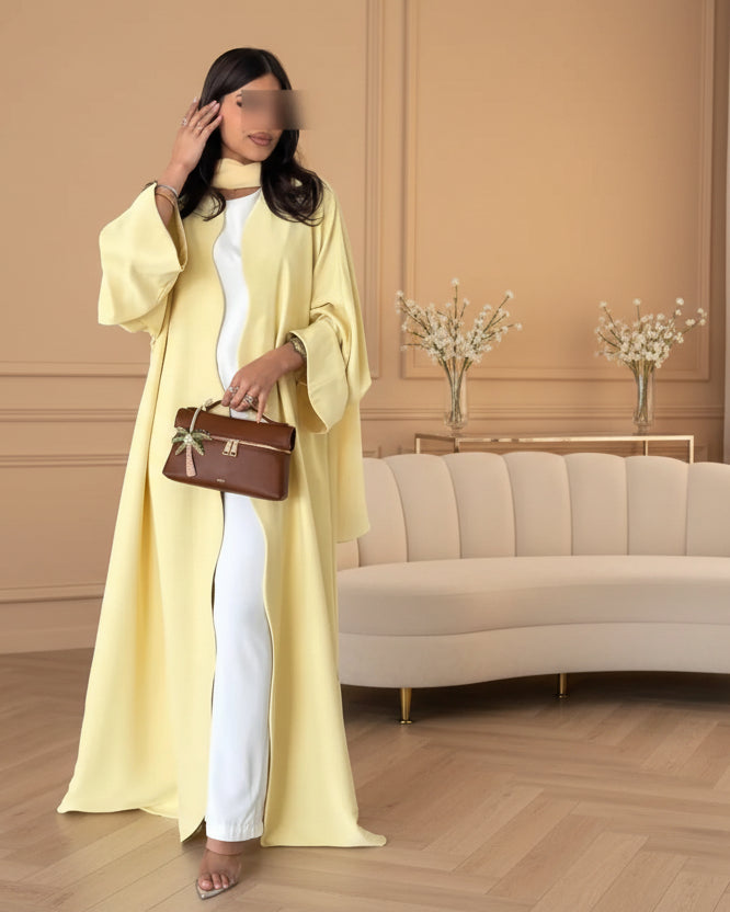 Yellow Contrast-Trim Open Abaya for Everyday Wear, product view 1 1